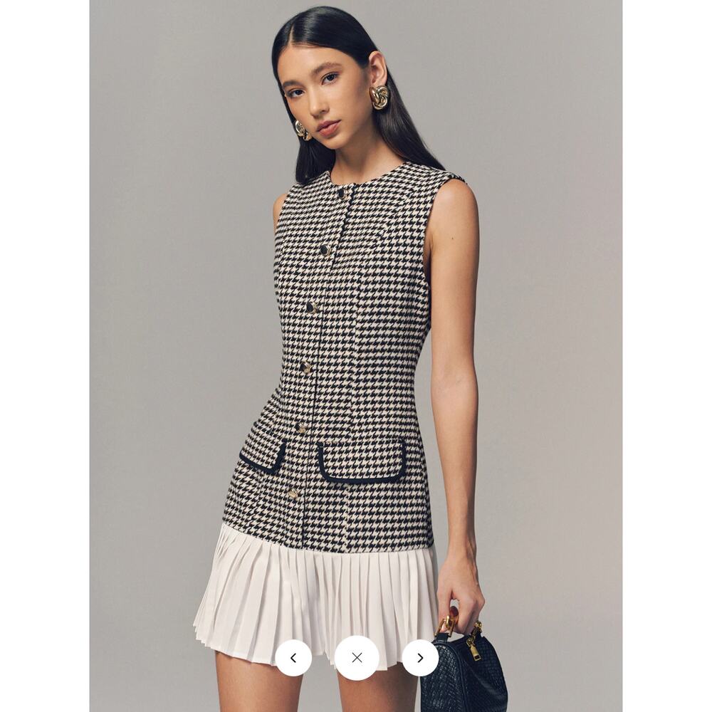 NWT Commense Houndstooth Sleeveless Pleated Hem Mini Dress Sz M